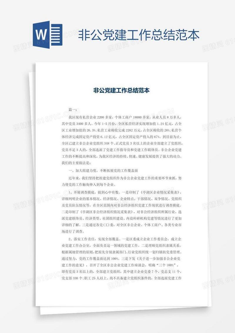 非公党建工作总结范本