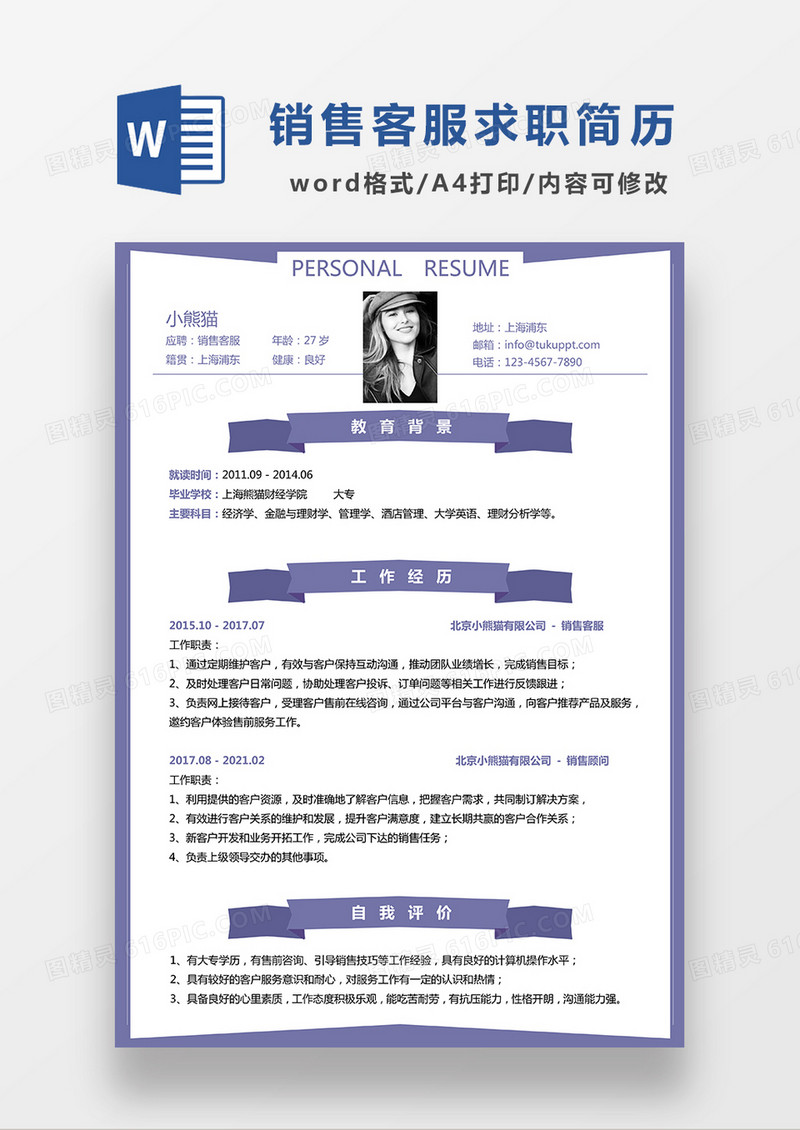 时尚线条风销售客服求职简历WORD模板
