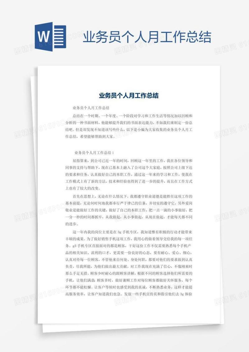 业务员个人月工作总结