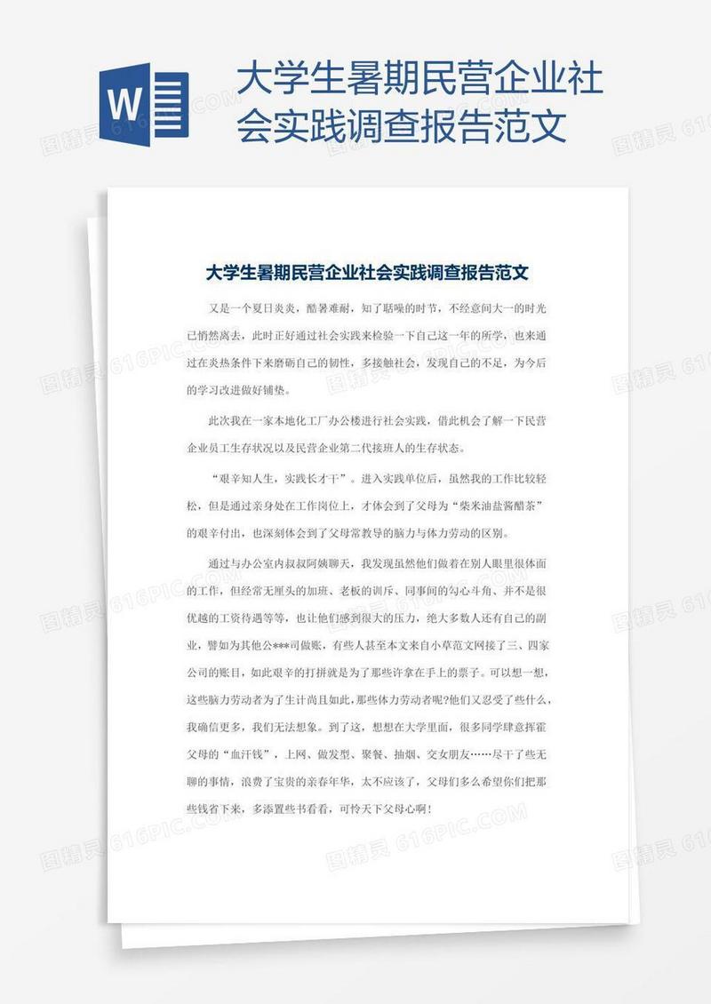 大学生暑期民营企业社会实践调查报告范文