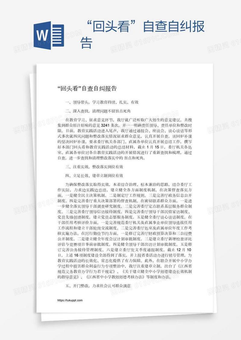 “回头看”自查自纠报告