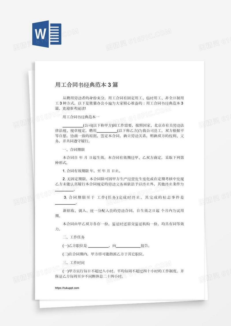 用工合同书经典范本3篇