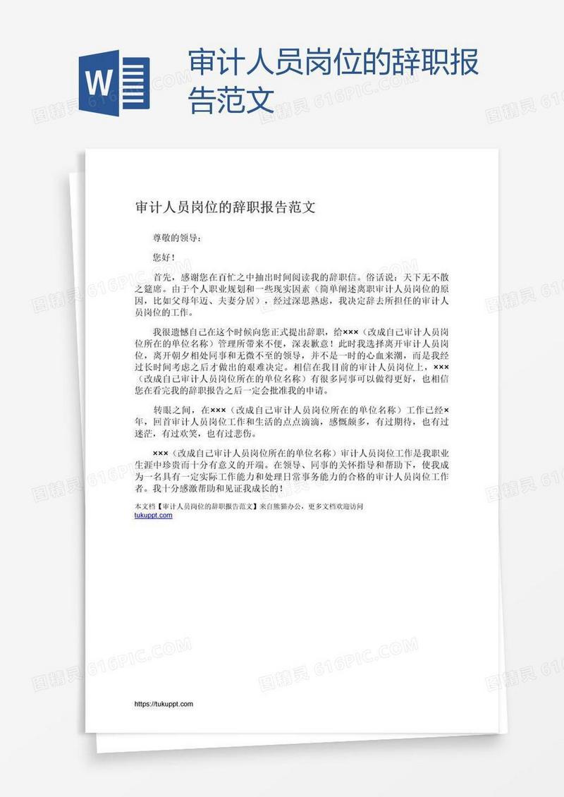审计人员岗位的辞职报告范文