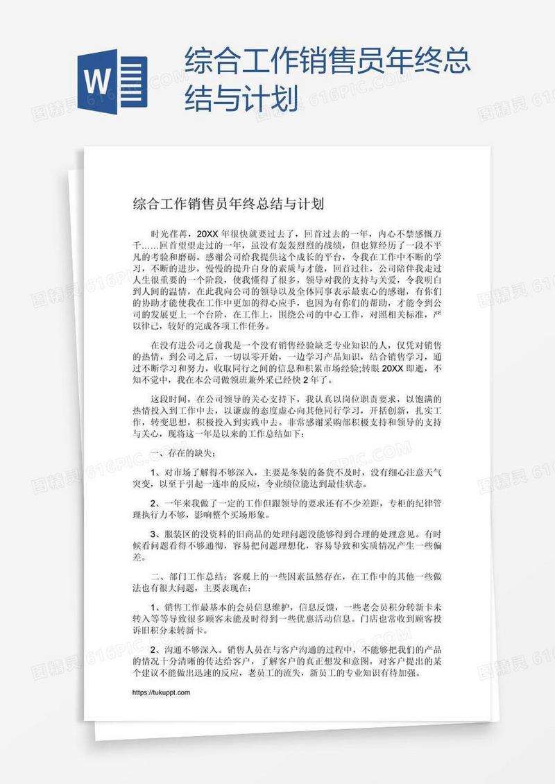 综合工作销售员年终总结与计划