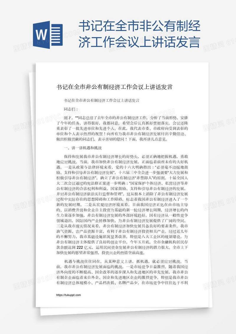 书记在全市非公有制经济工作会议上讲话发言
