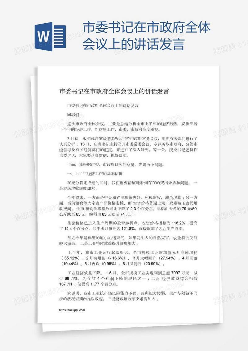 市委书记在市政府全体会议上的讲话发言