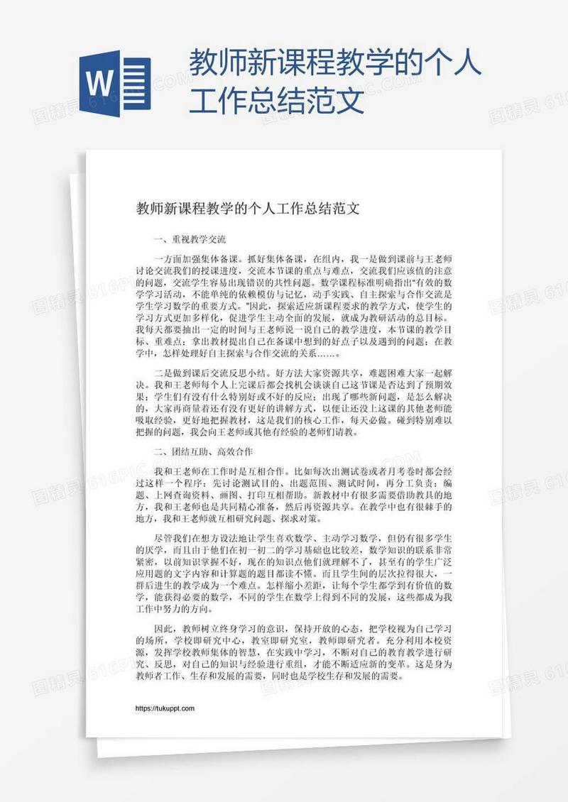 教师新课程教学的个人工作总结范文