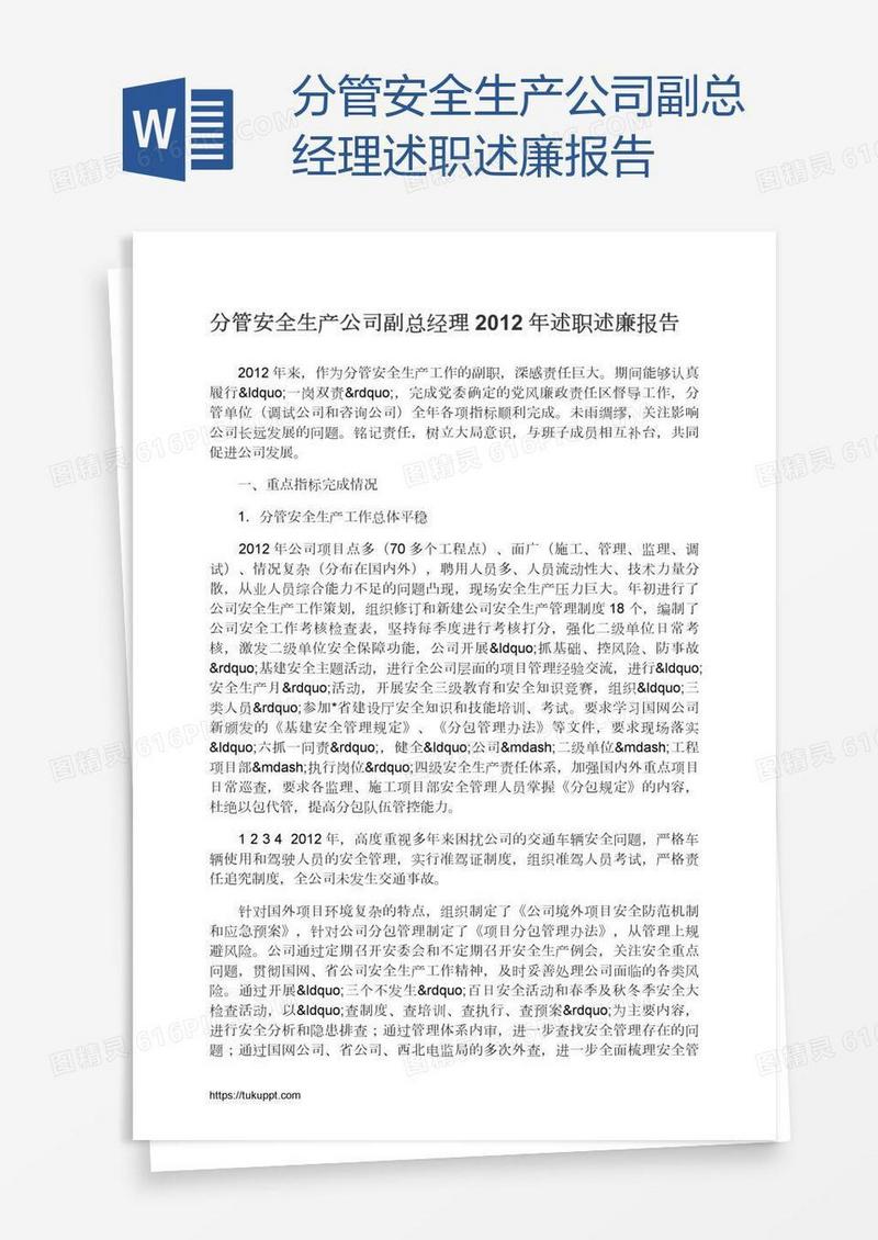 分管安全生产公司副总经理述职述廉报告
