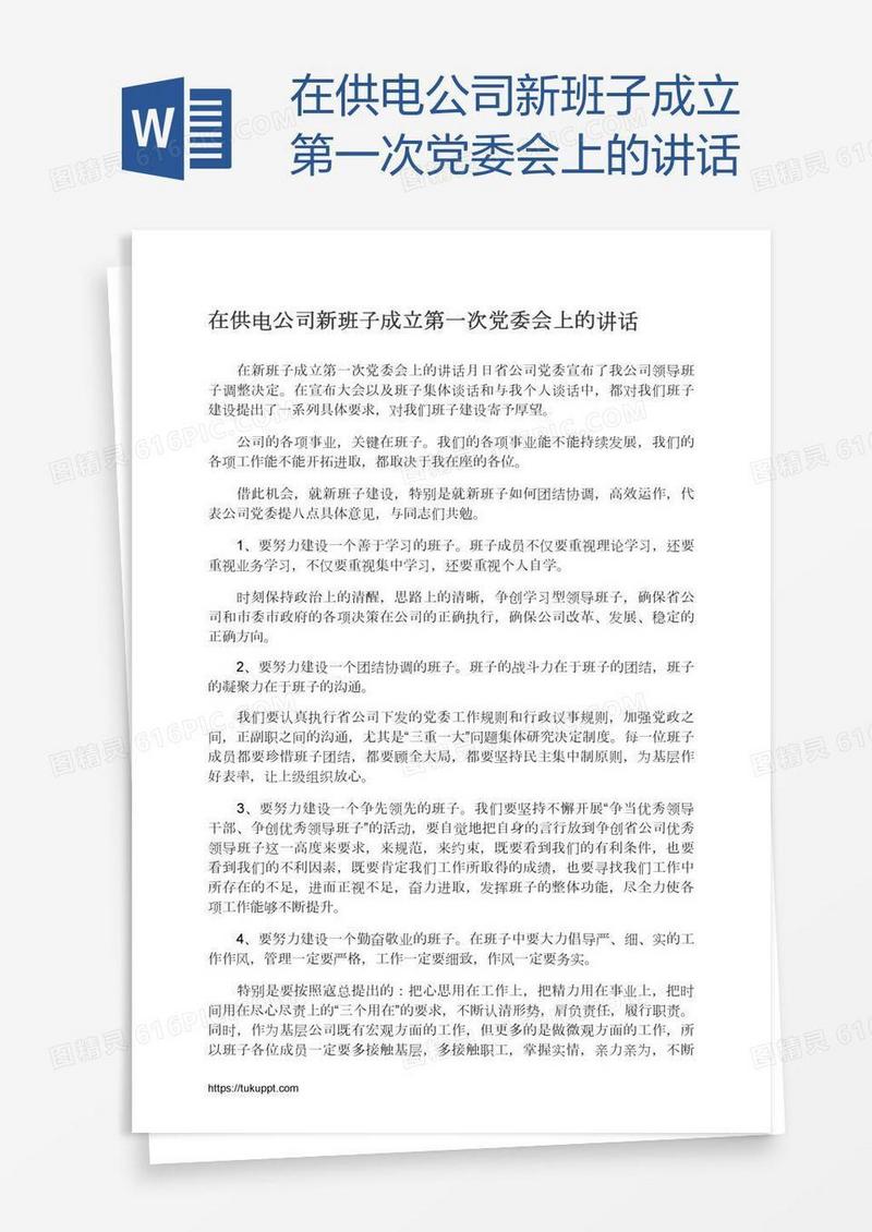 在供电公司新班子成立第一次党委会上的讲话
