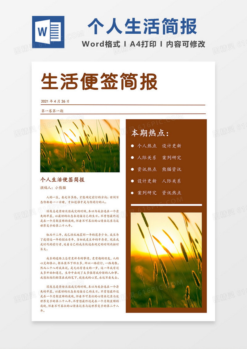 生活记录简报简约word模板