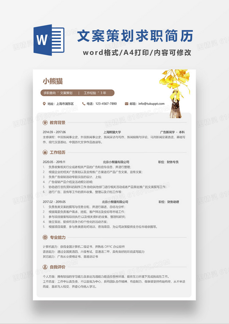 灰色极简风文案策划求职简历WORD模板