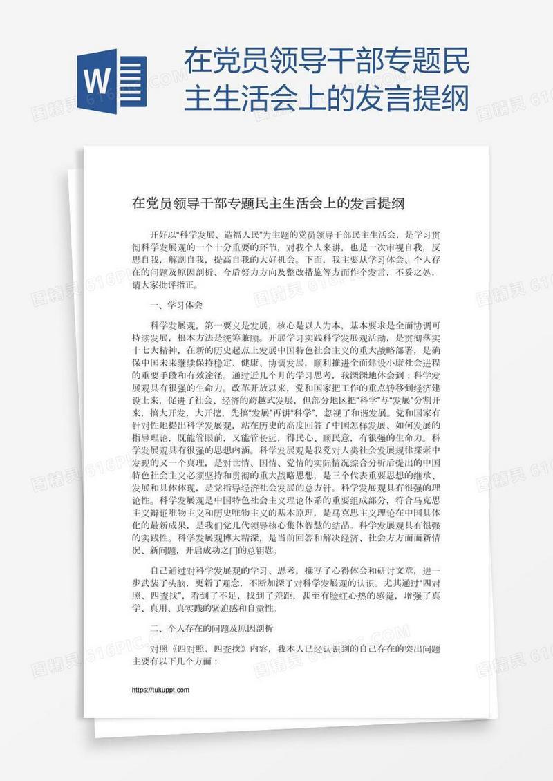 在党员领导干部专题民主生活会上的发言提纲