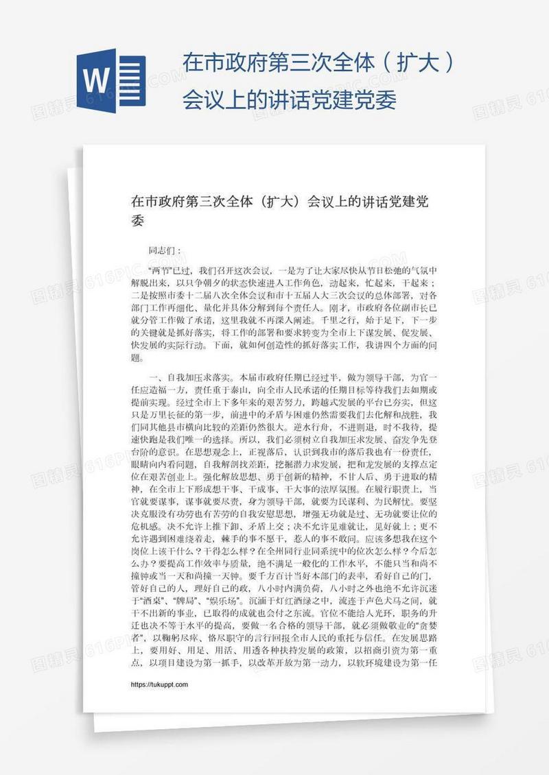 在市政府第三次全体（扩大）会议上的讲话党建党委