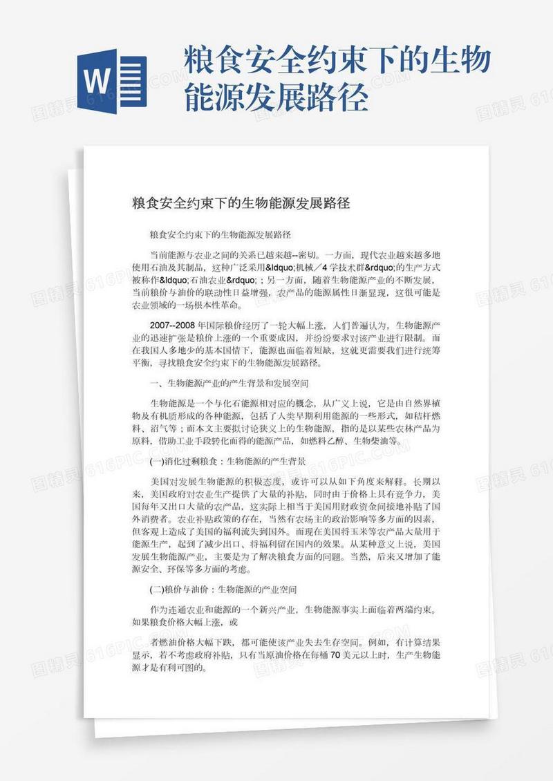 粮食安全约束下的生物能源发展路径