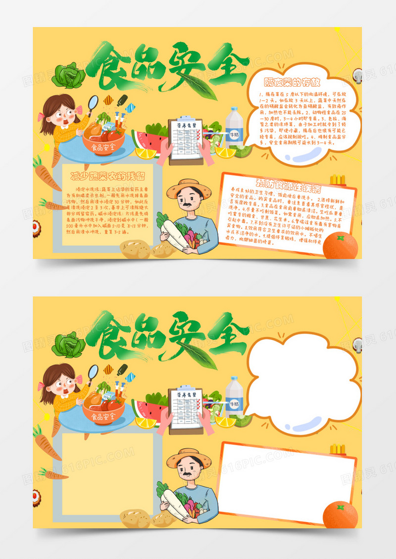 黄色绿色卡通健康食品安全小报Word模板