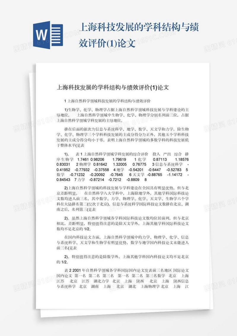 上海科技发展的学科结构与绩效评价(1)论文