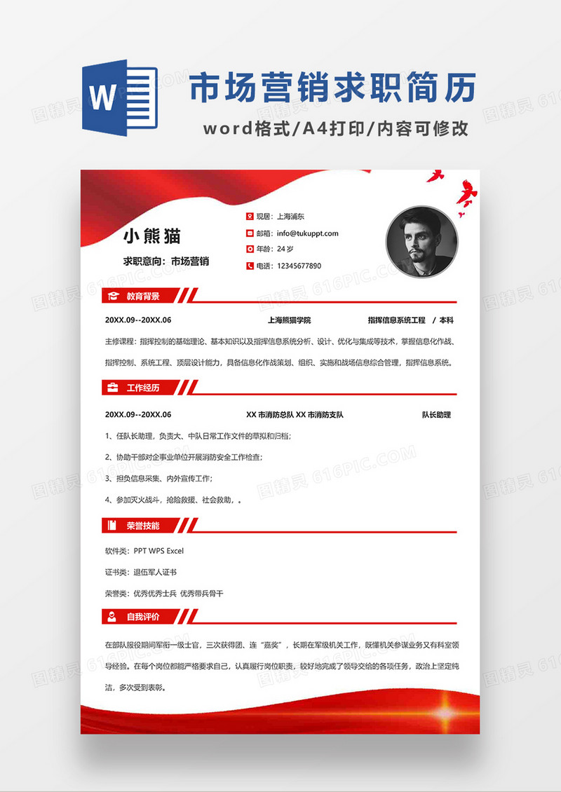 党政风市场营销求职简历WORD模板