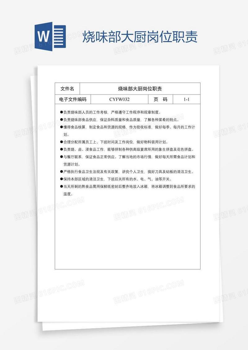 烧味部大厨岗位职责