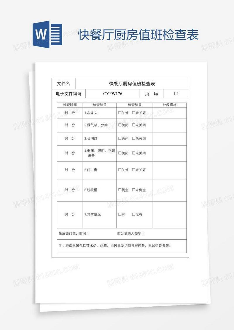快餐厅厨房值班检查表