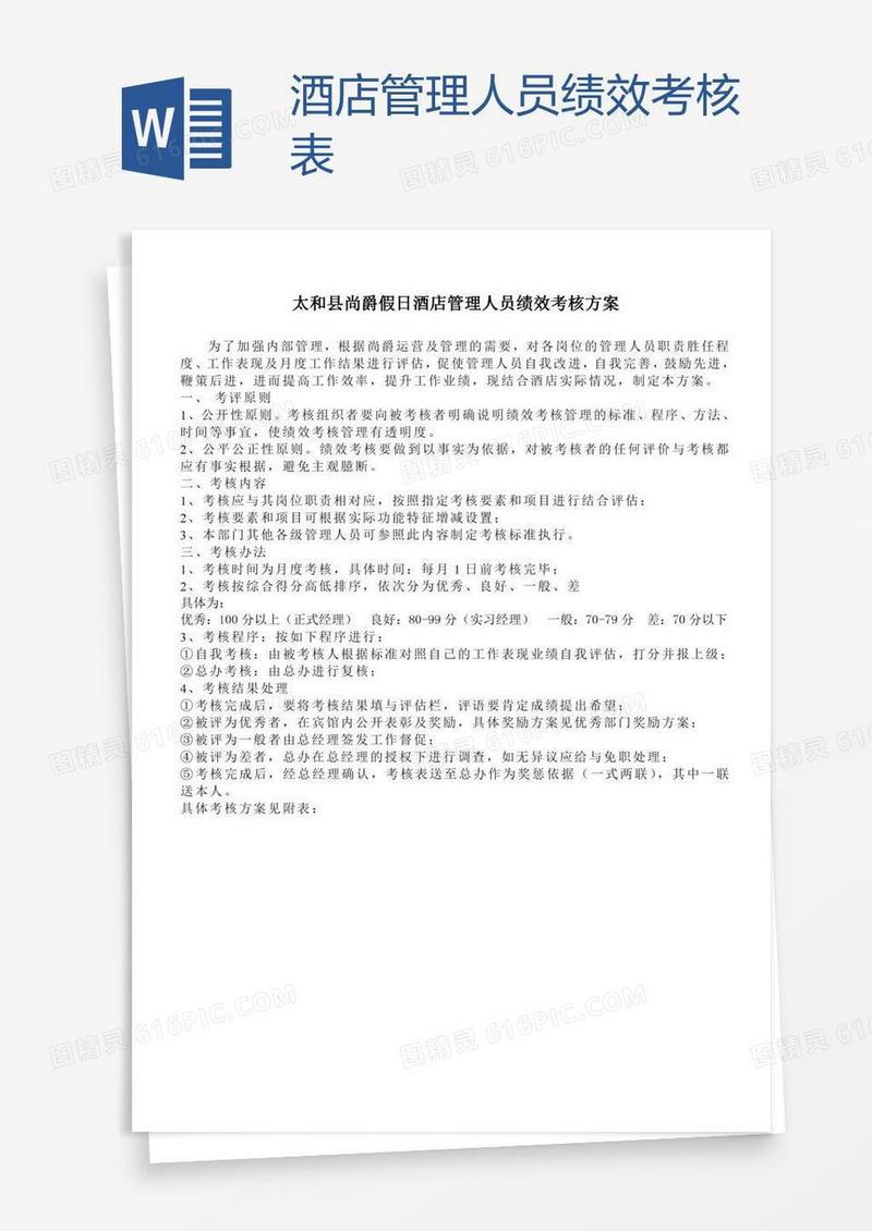酒店管理人员绩效考核表