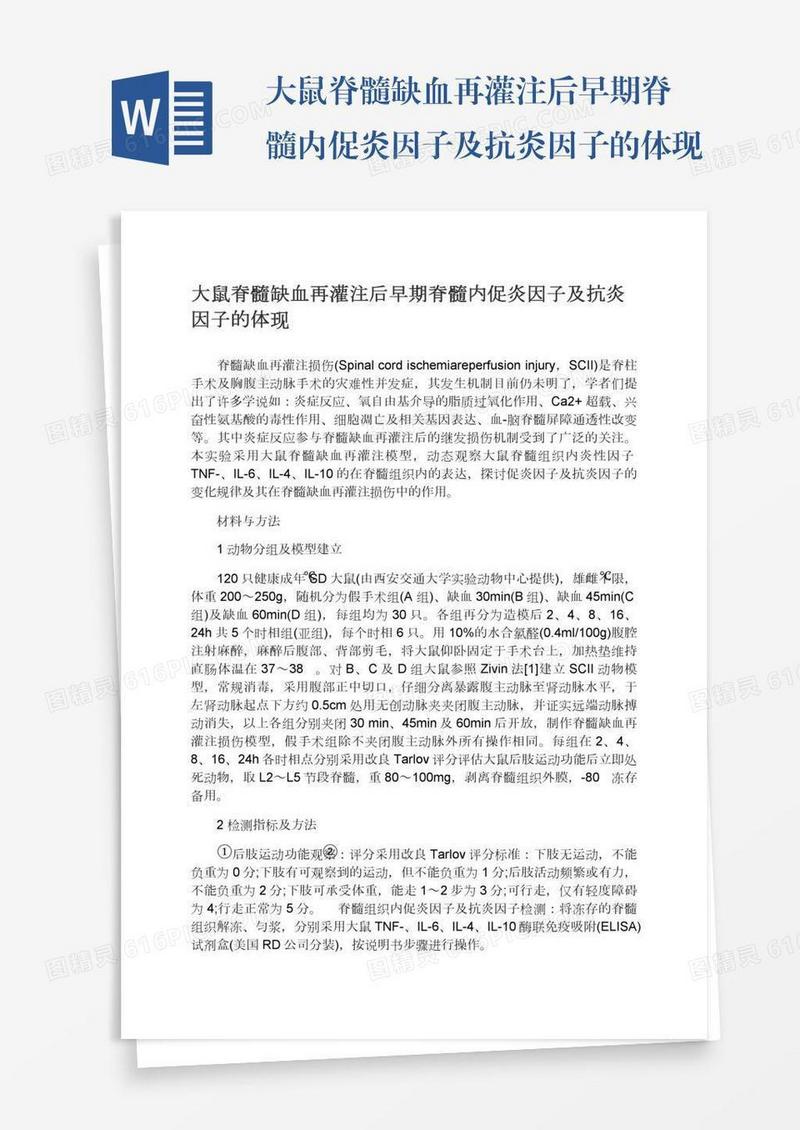 大鼠脊髓缺血再灌注后早期脊髓内促炎因子及抗炎因子的体现
