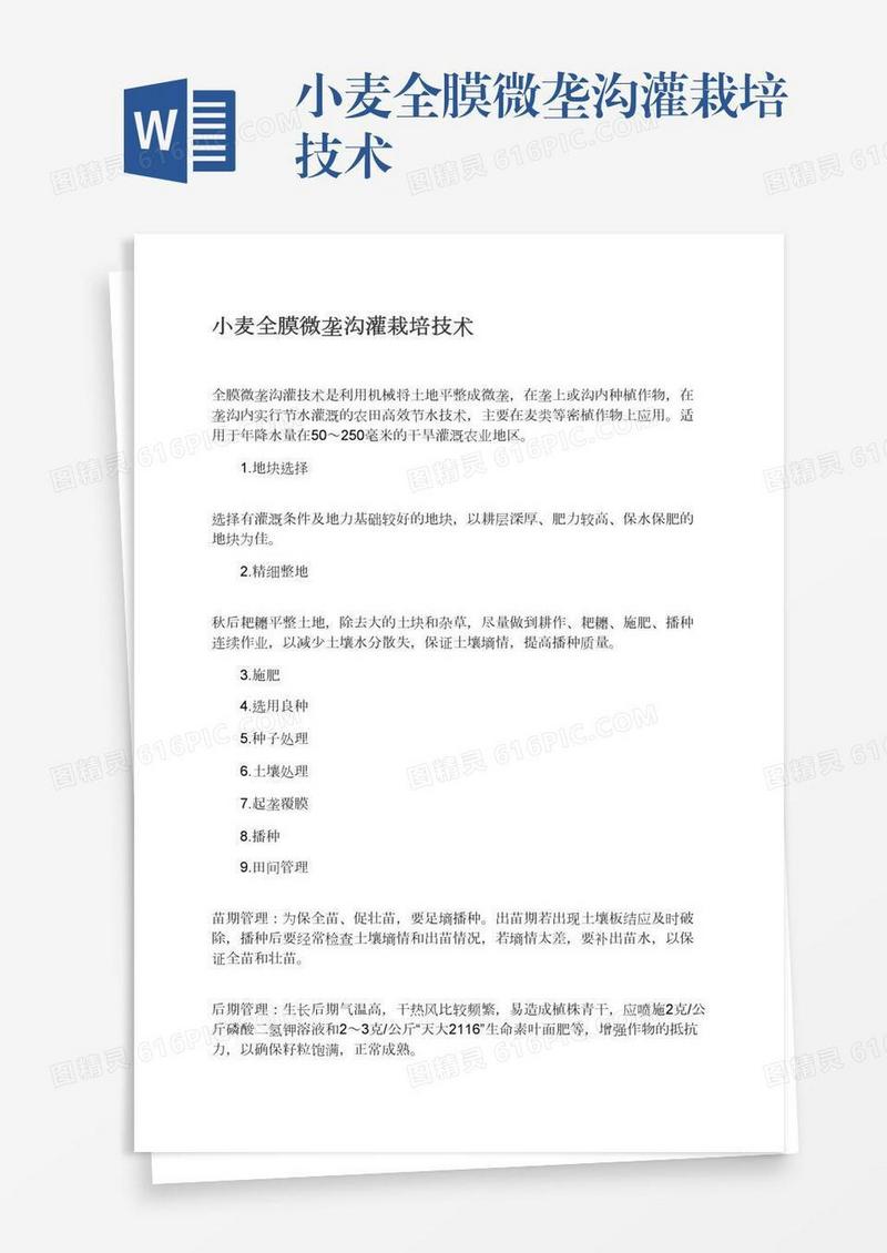 小麦全膜微垄沟灌栽培技术