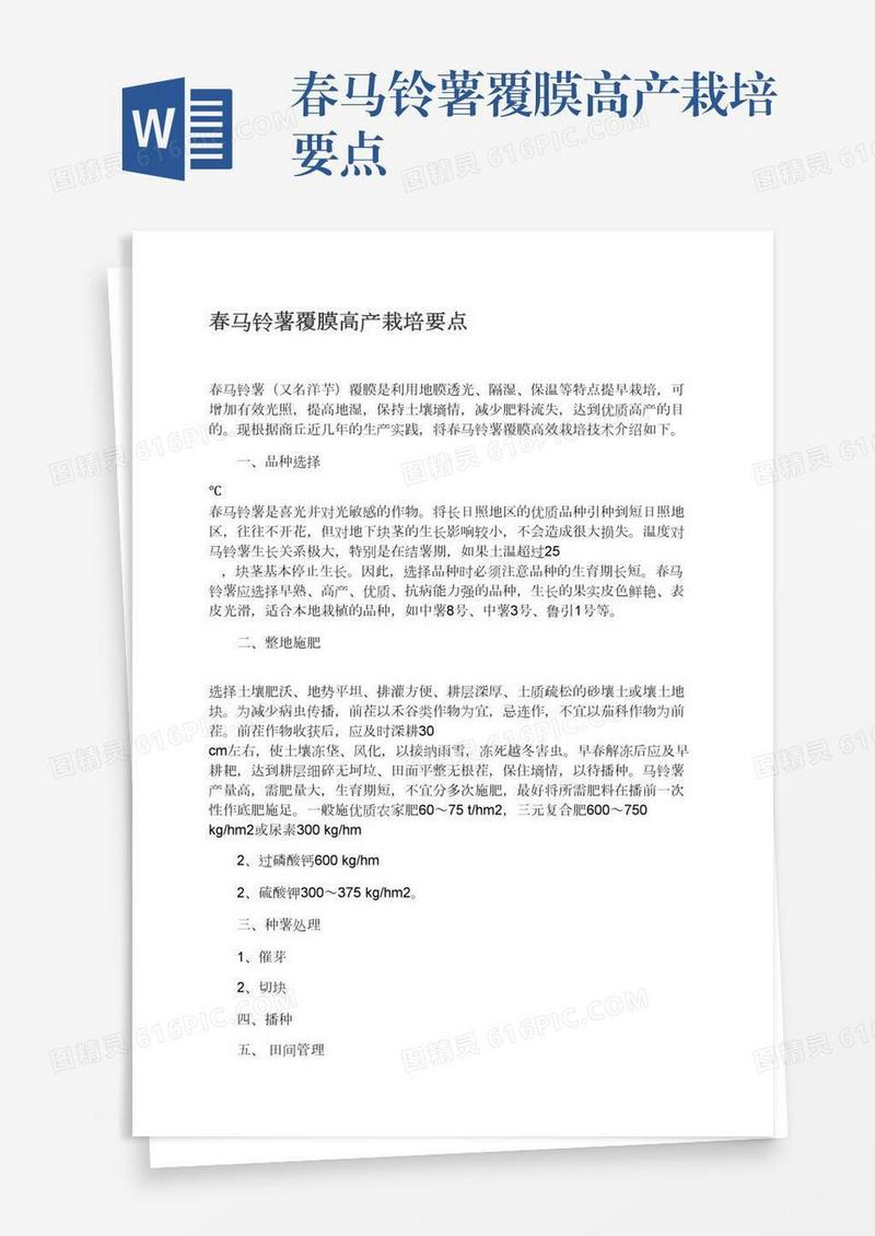 春马铃薯覆膜高产栽培要点