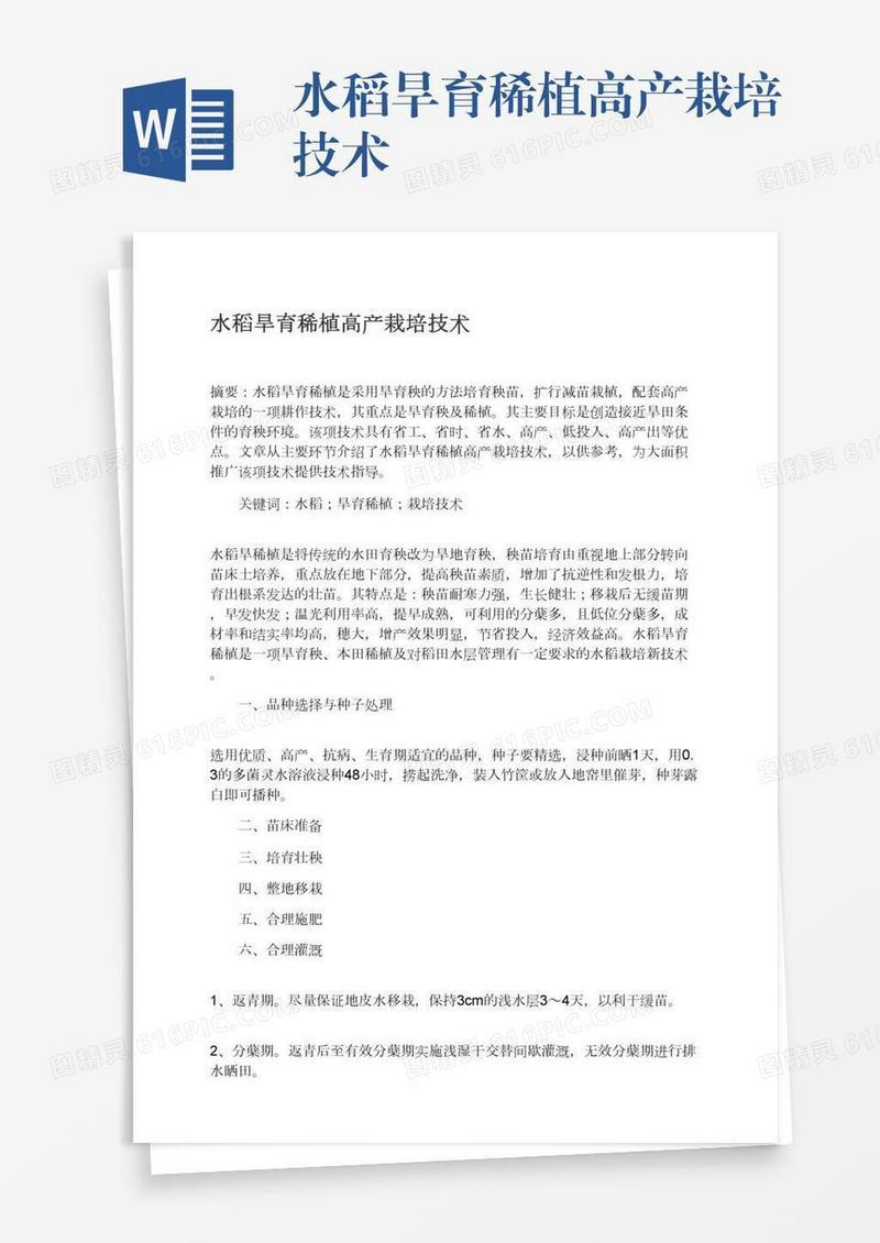 水稻旱育稀植高产栽培技术