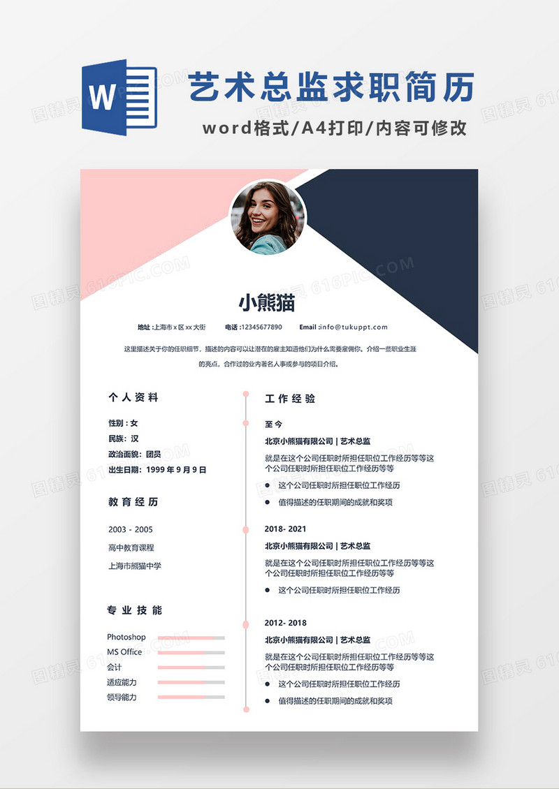 粉色简约艺术总监求职简历WORD模板