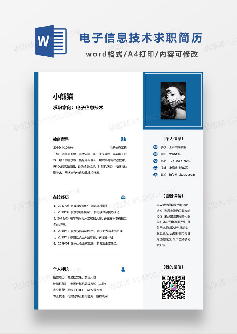 蓝色简约电子信息技术求职简历WORD模板