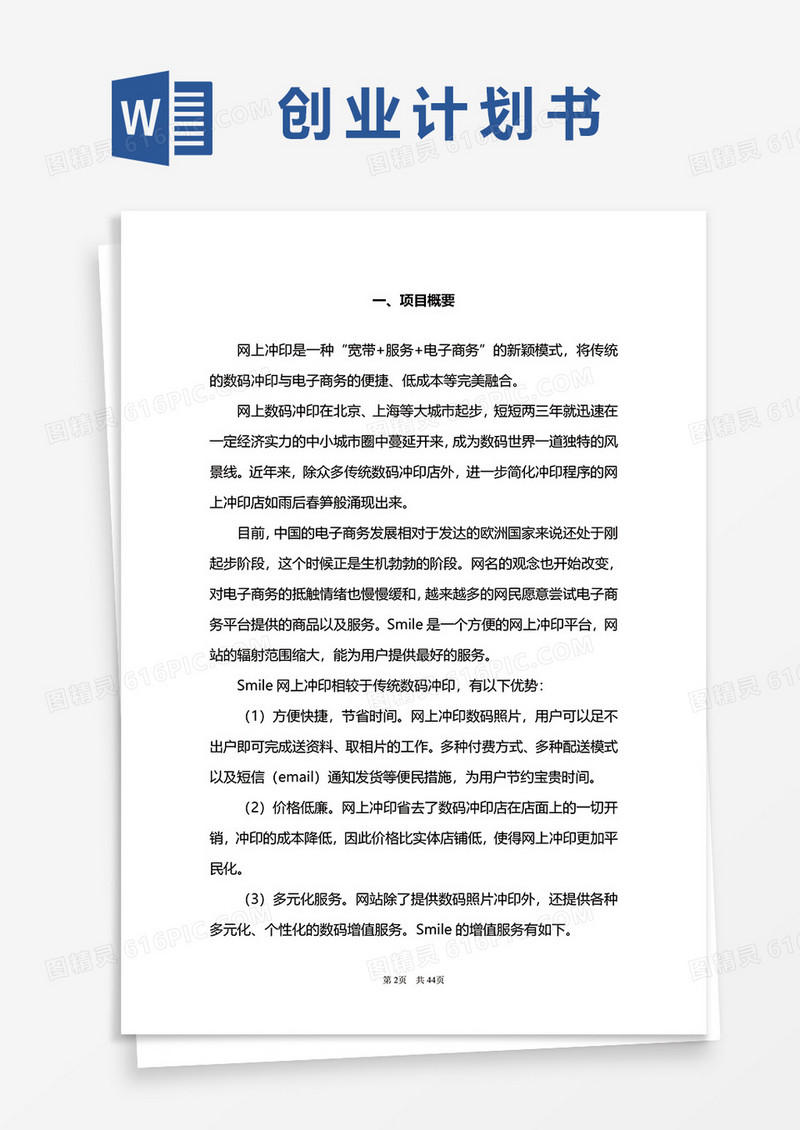 冲印网站创业计划书word模板