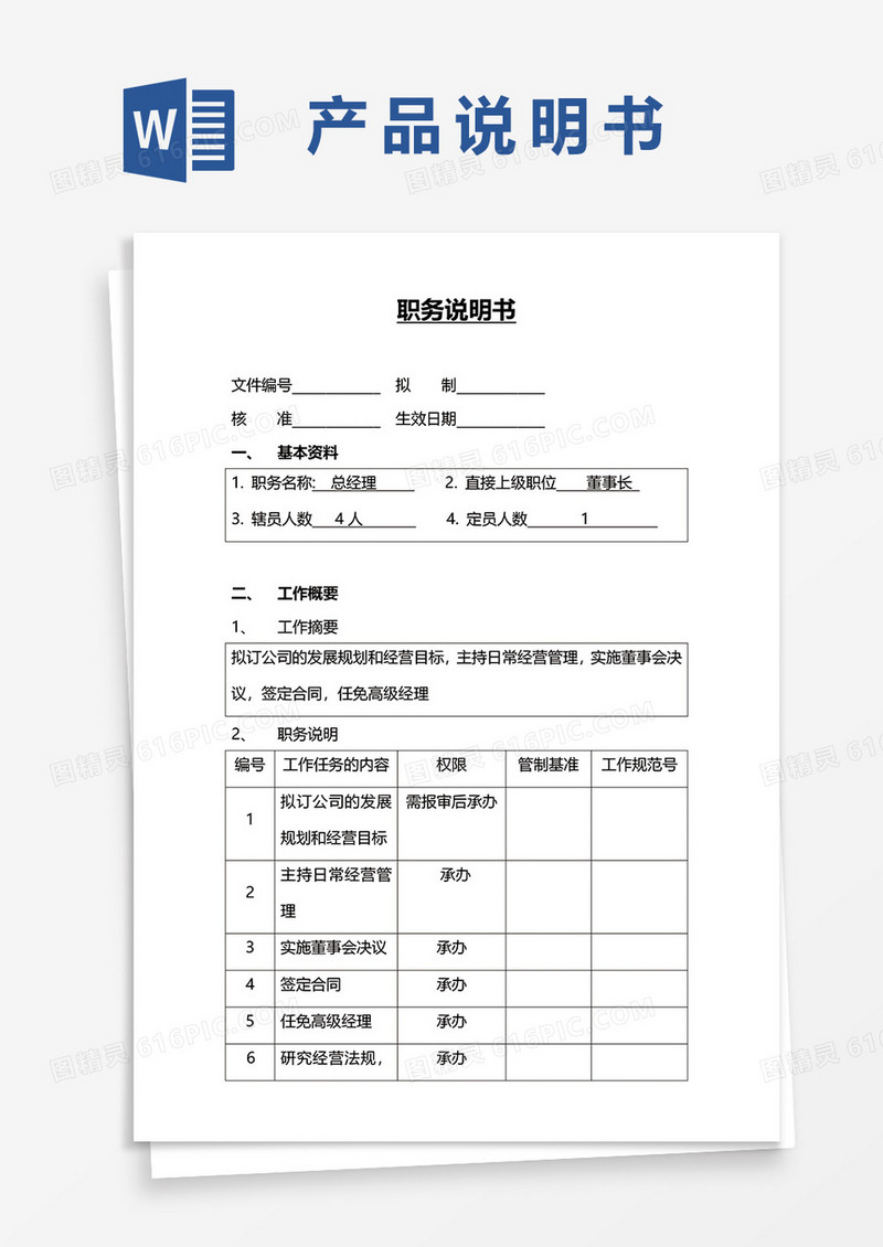 部门岗位职务说明书word模板