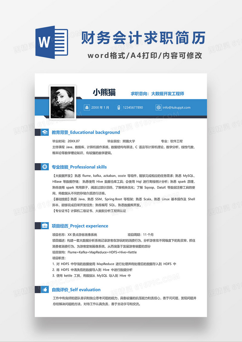 蓝色简约大数据开发工程师求职简历WORD模板