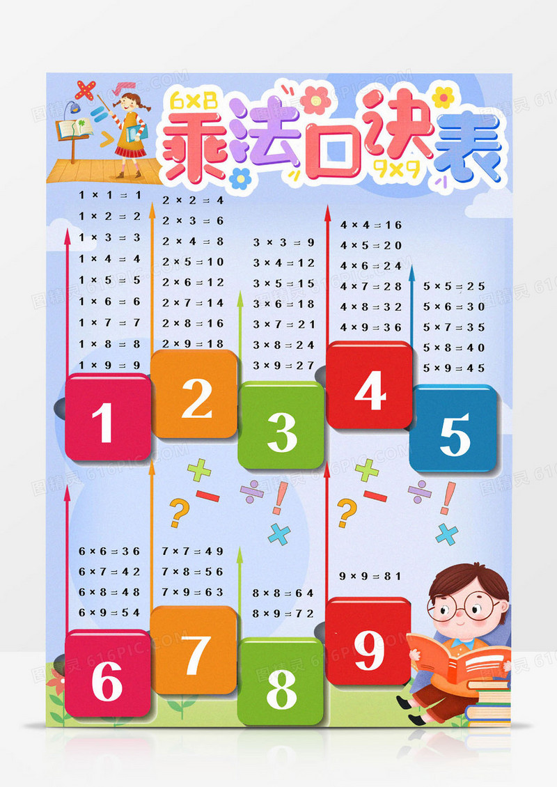 小学生彩色多彩简约手绘可爱九九口诀表早教挂图