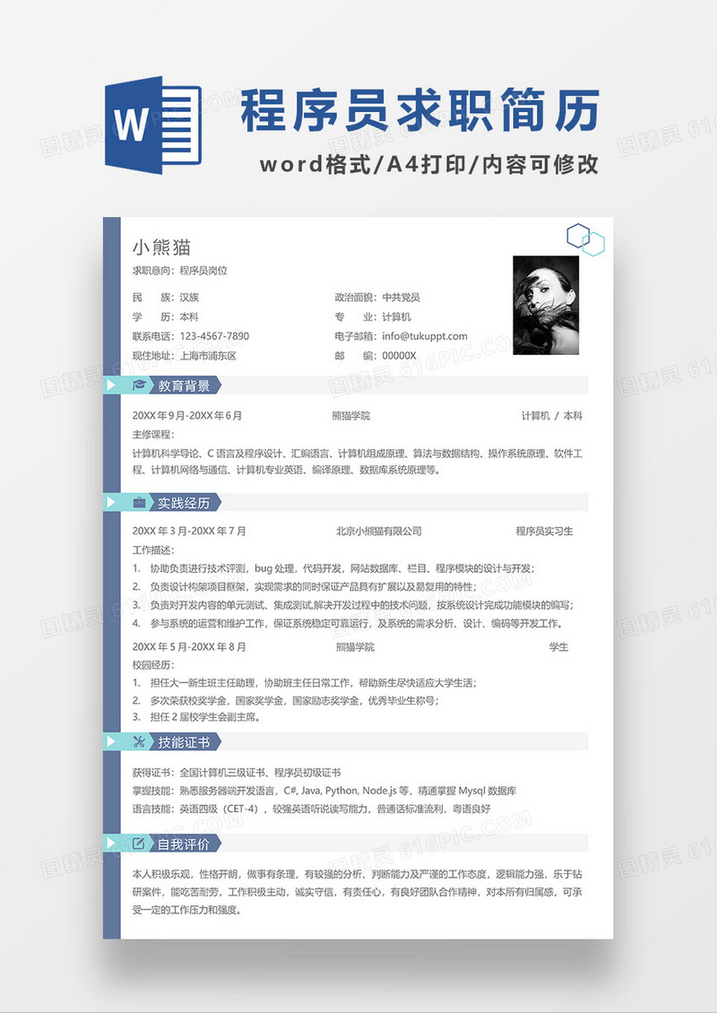 蓝色简洁程序员求职简历WORD模板