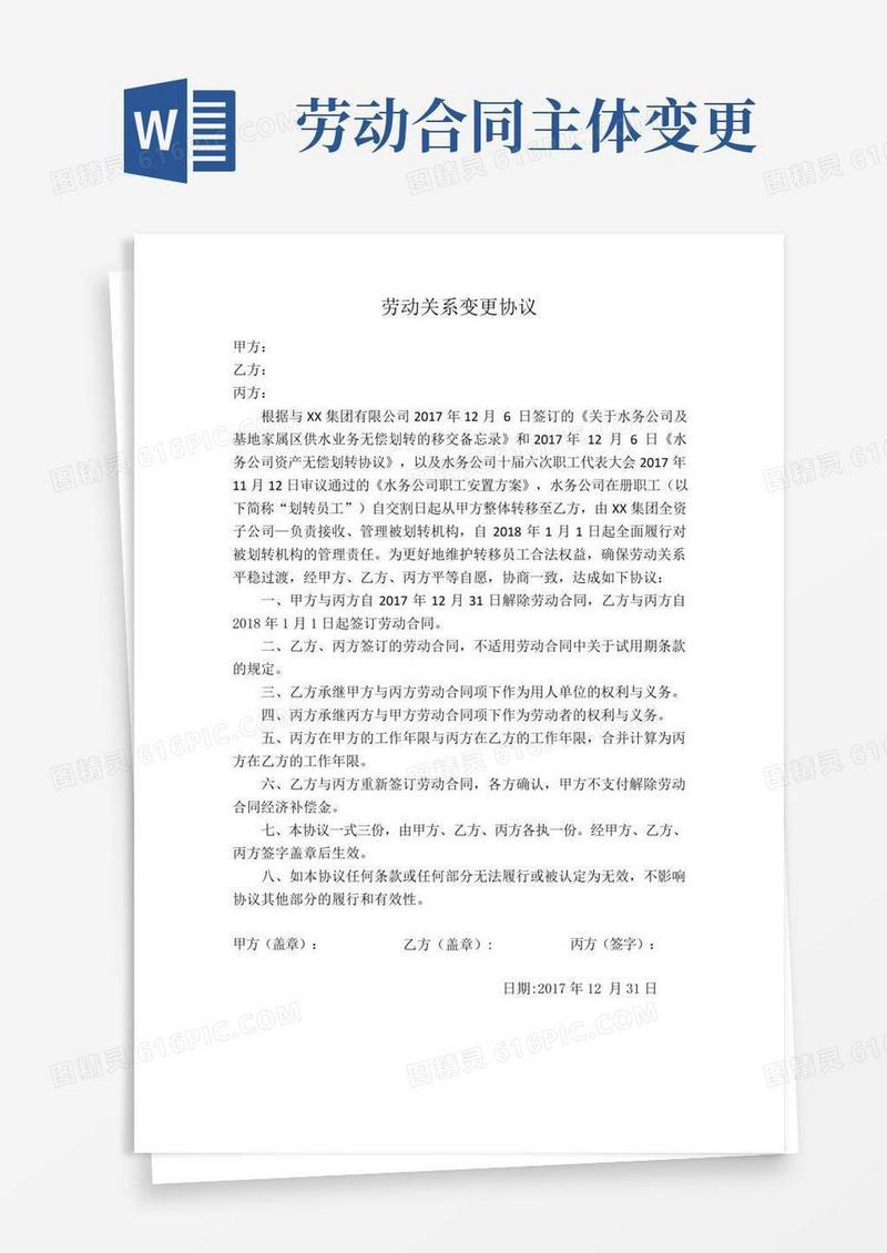 劳动关系主体变更协议(模板)