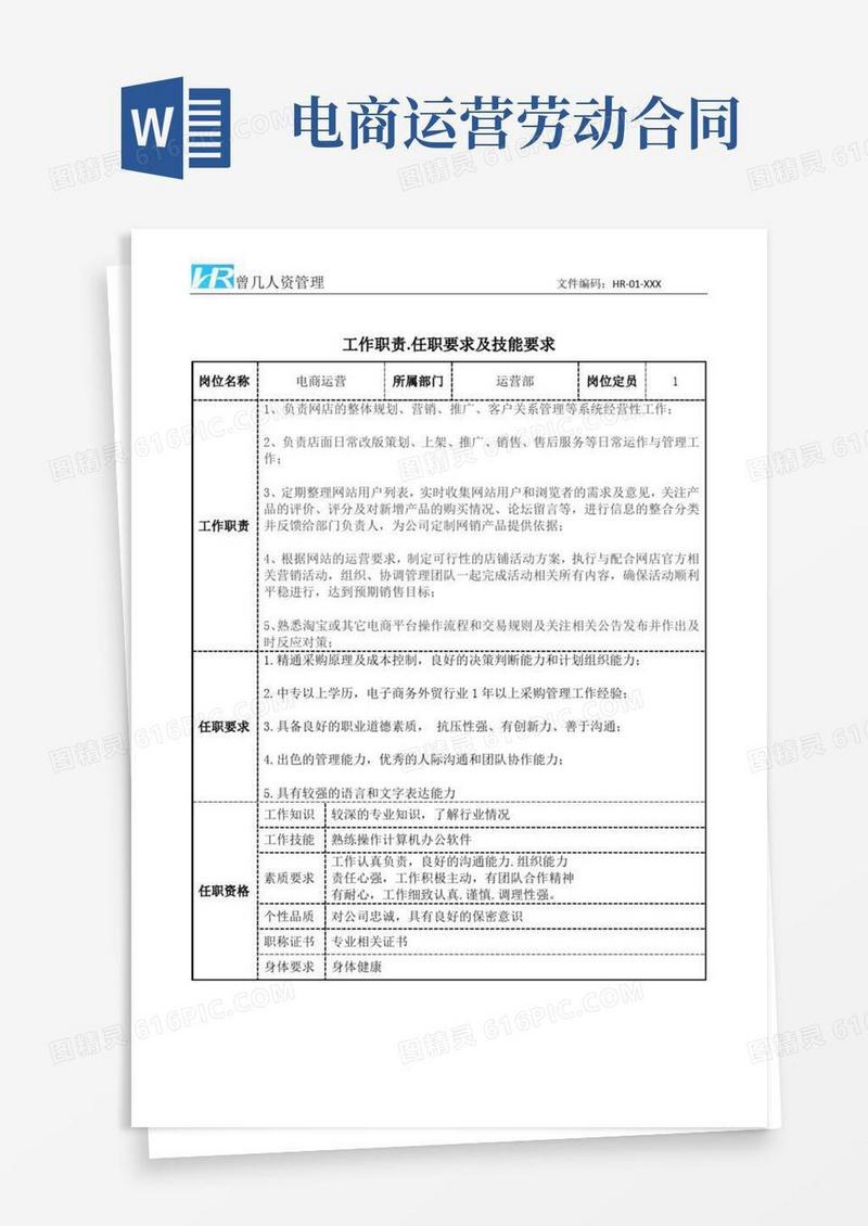 电商运营工作职责和任职要求模板