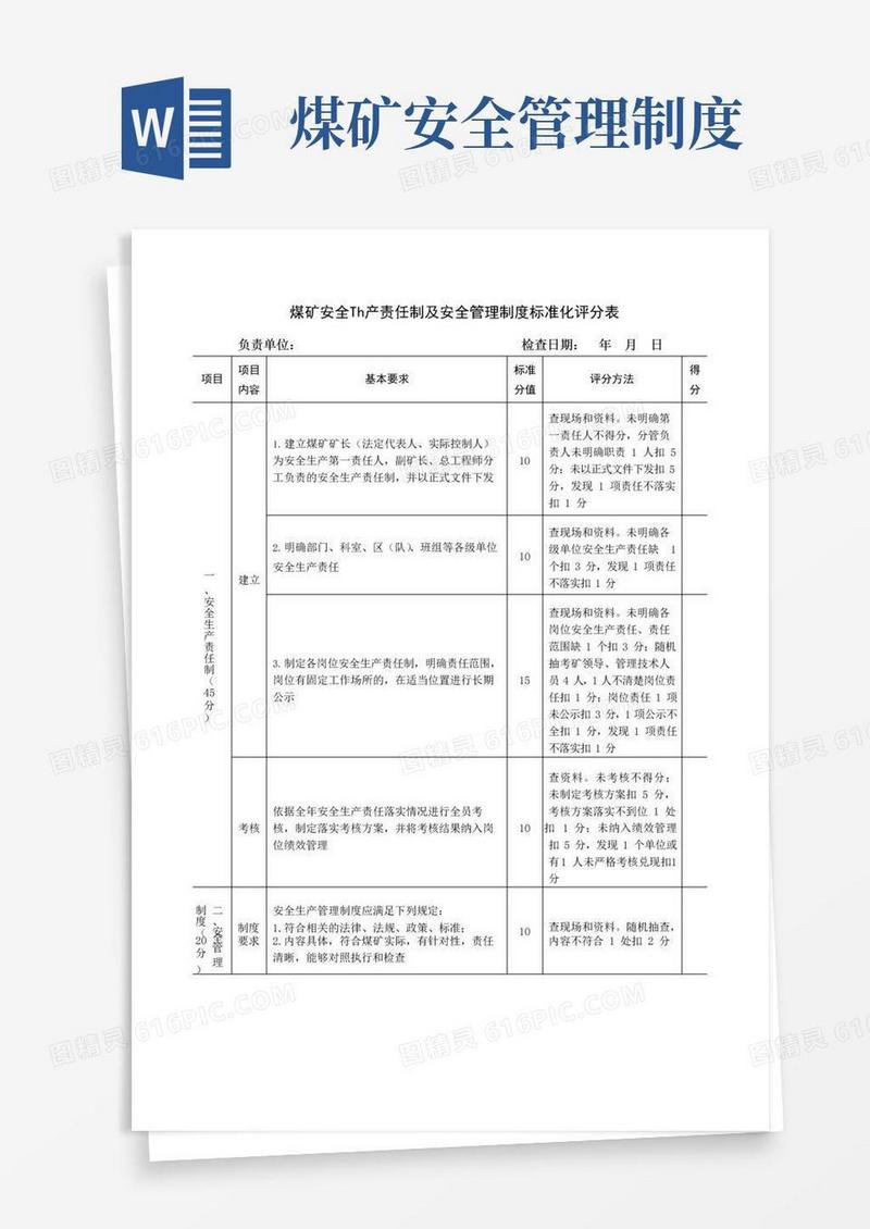 煤矿安全生产责任制及安全管理制度标准化评分表