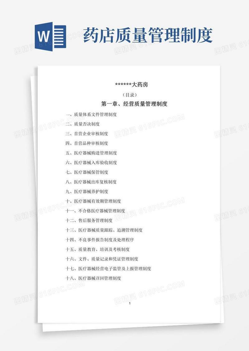 药店经营质量管理制度、工作程序等文件目录