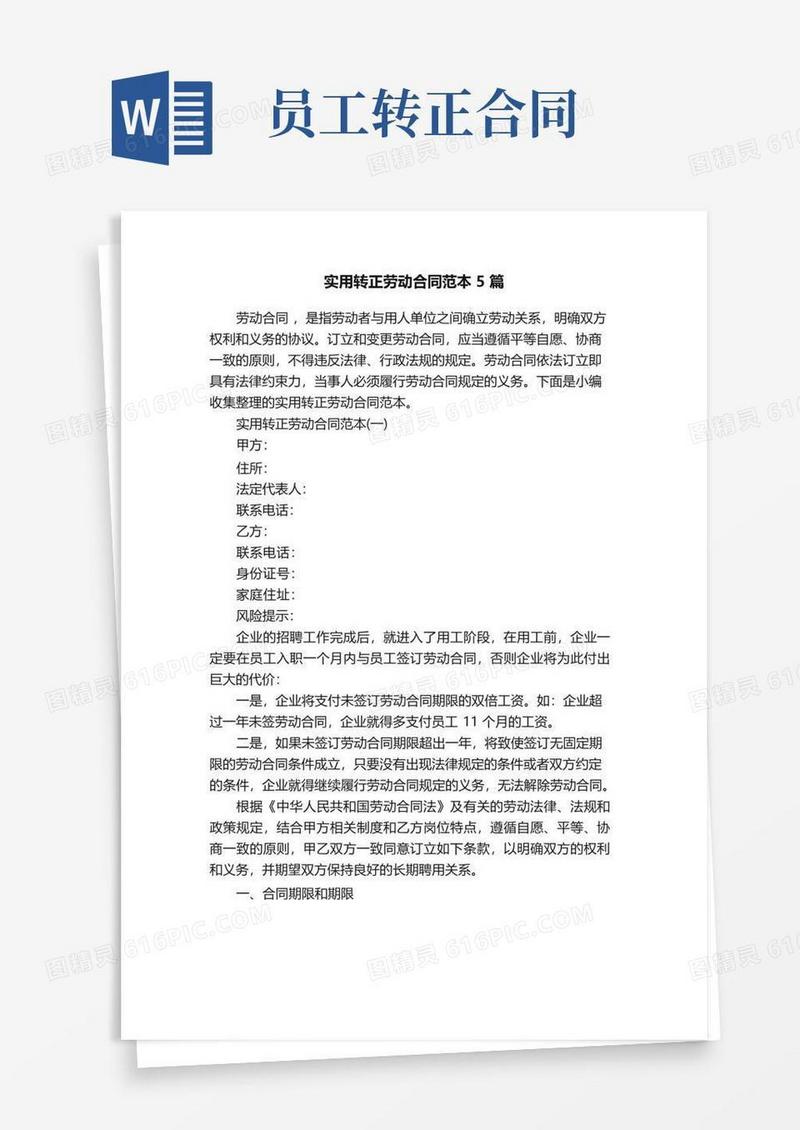 简易版实用转正劳动合同范本5篇