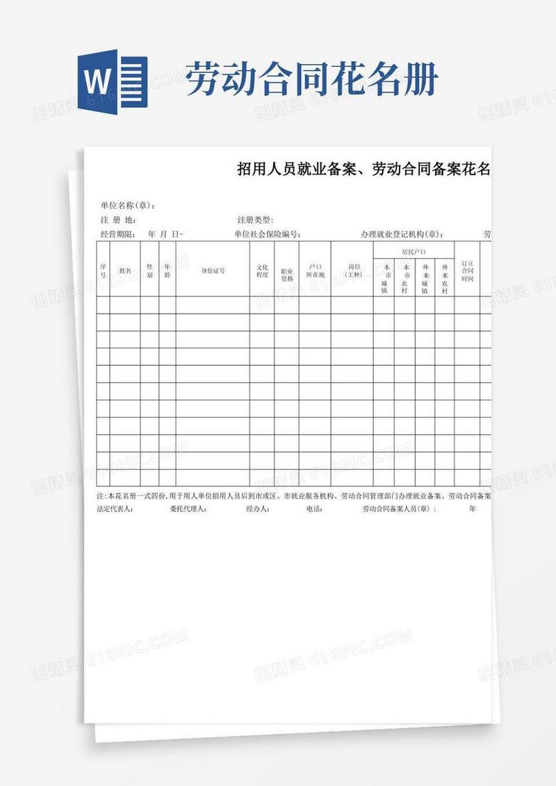 大气版劳动合同备案花名册【模板范本】