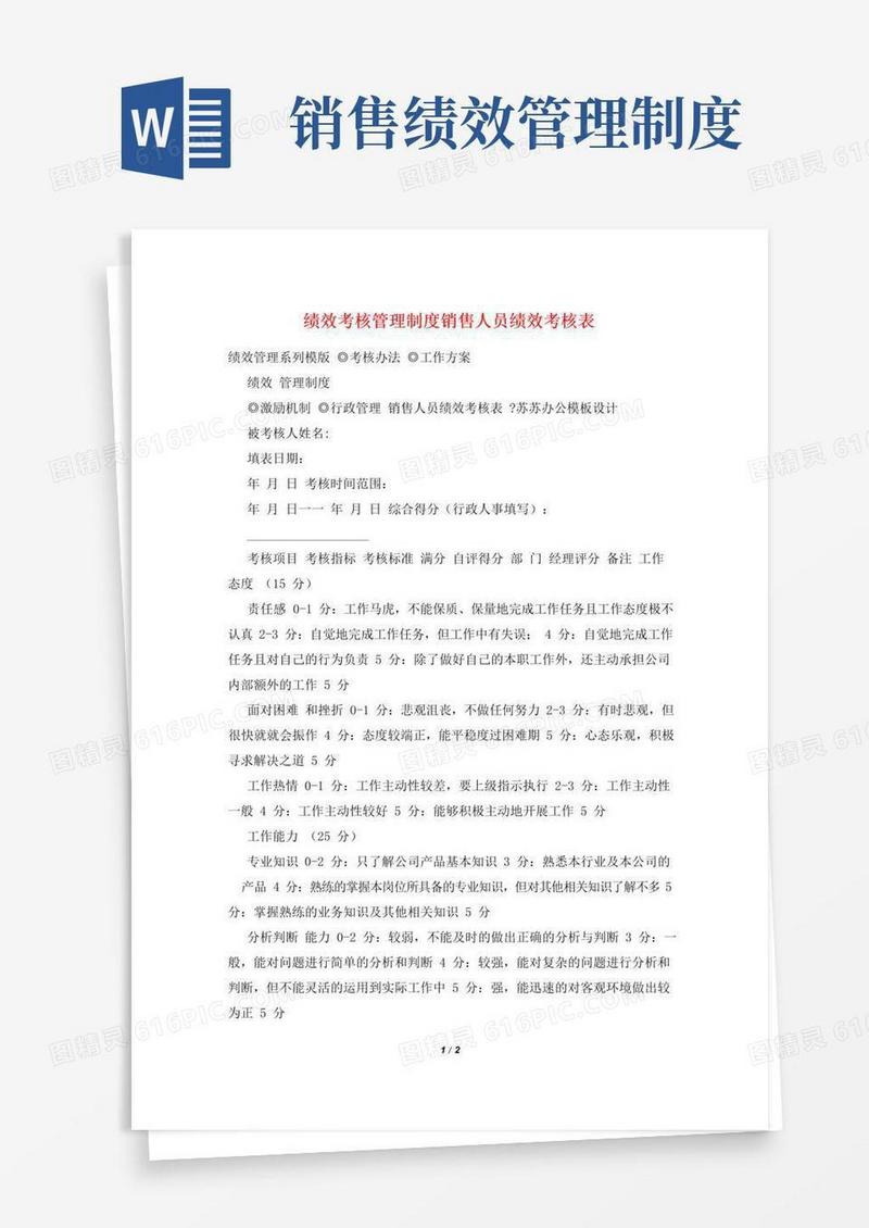 通用版绩效考核管理制度销售人员绩效考核表