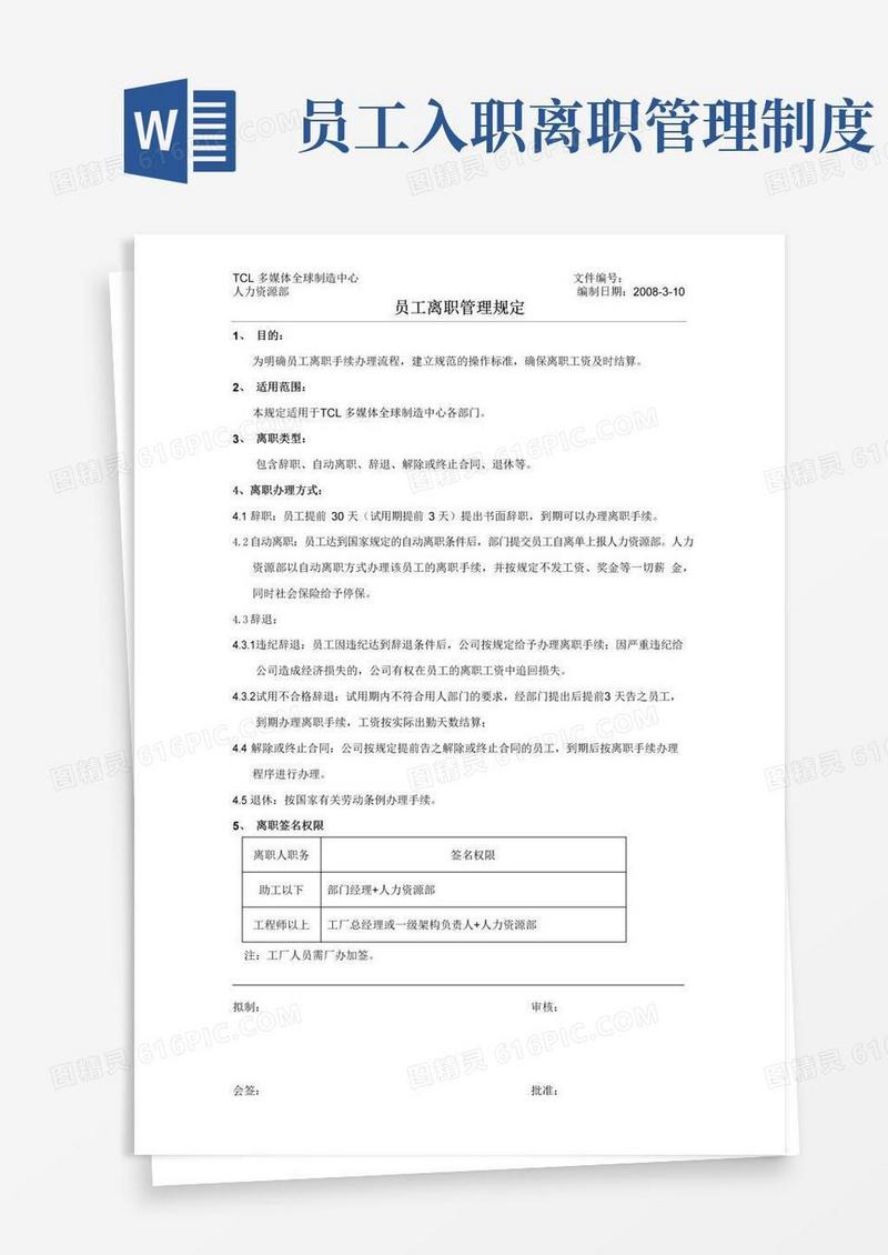 大气版员工离职管理规定
