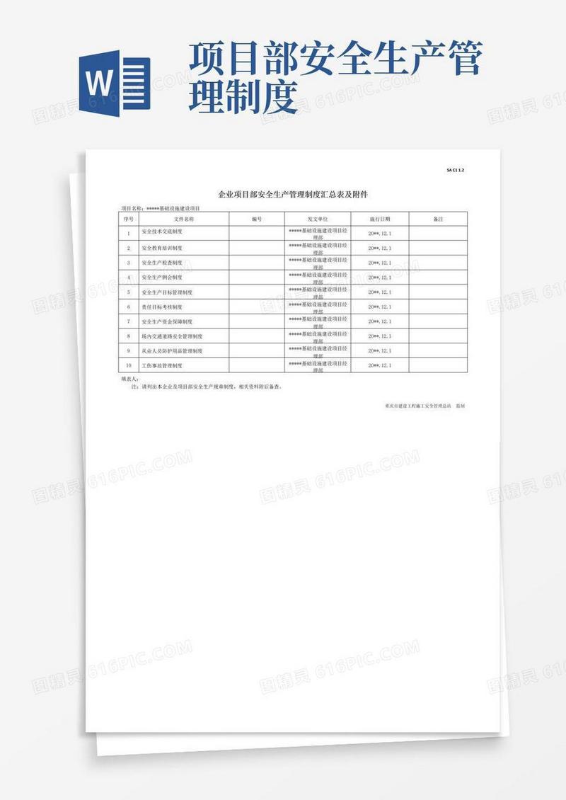 通用版企业项目部安全生产管理制度汇总表及附件