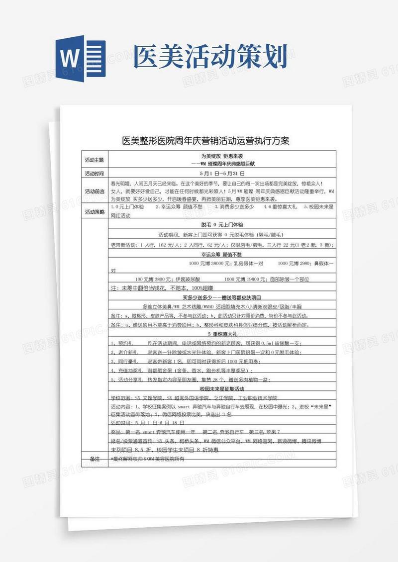 实用的医美整形医院周年庆营销活动运营执行方案