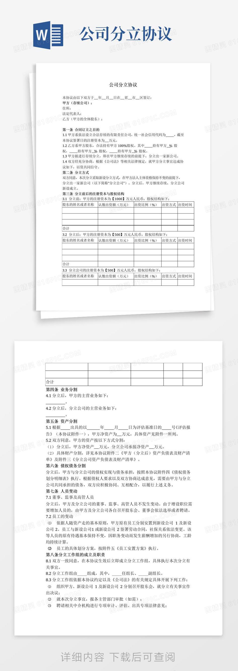 大气版公司分立协议范文书word模板免费下载_编号142a87648_图精灵