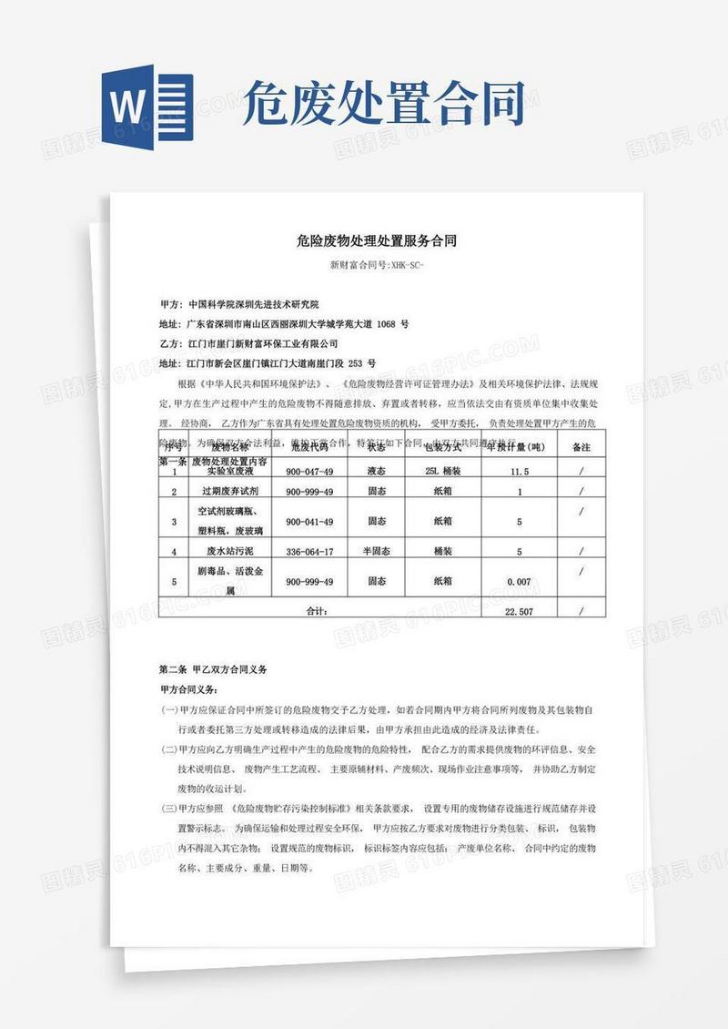 好用的危险废物处理处置服务合同