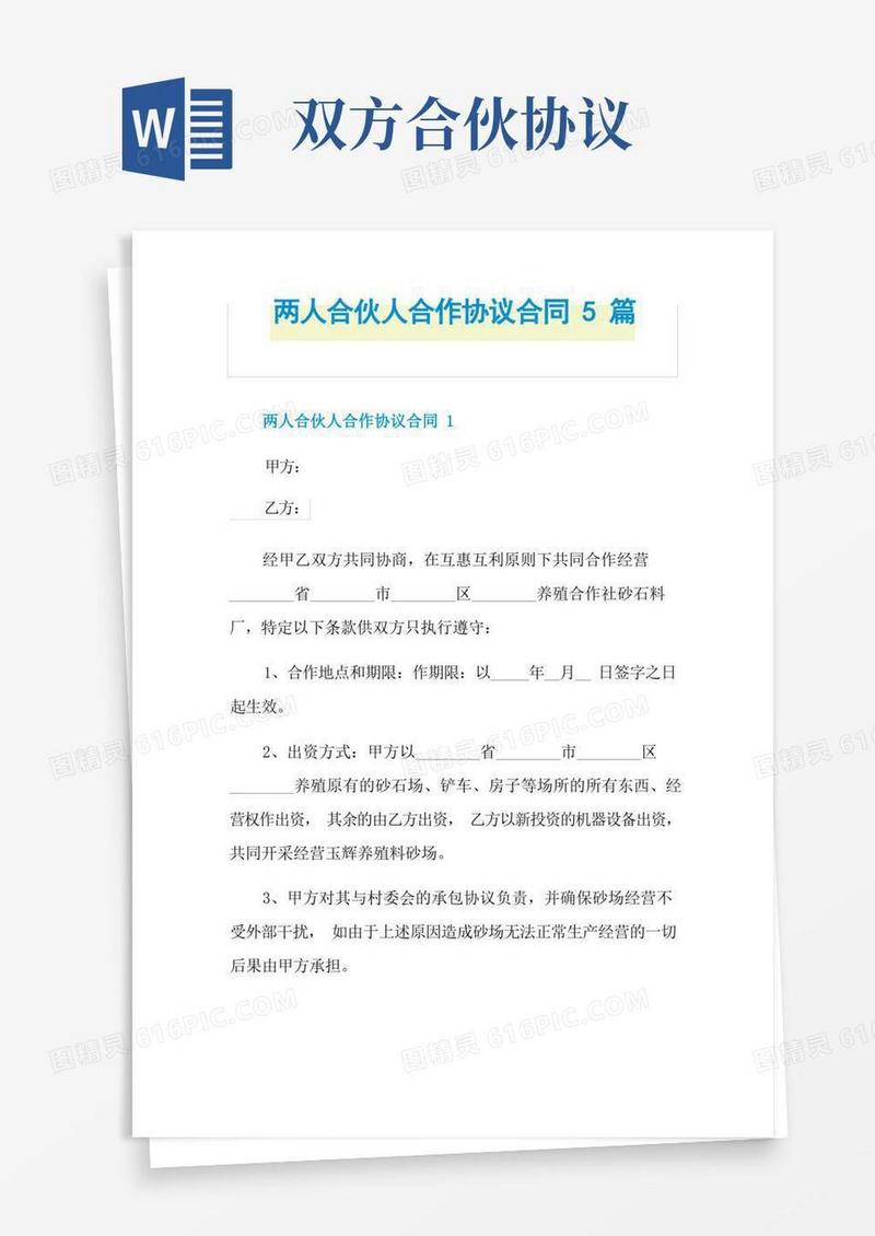 好用的两人合伙人合作协议合同5篇