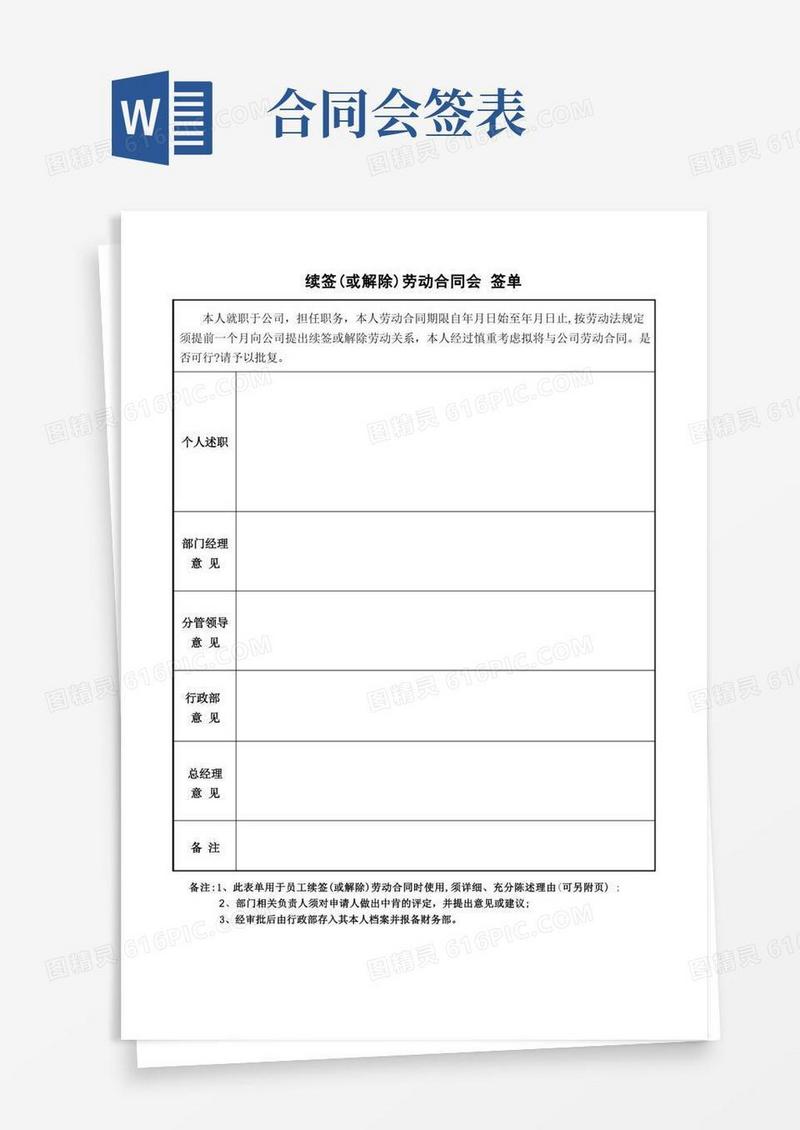 实用的续签劳动合同会签表