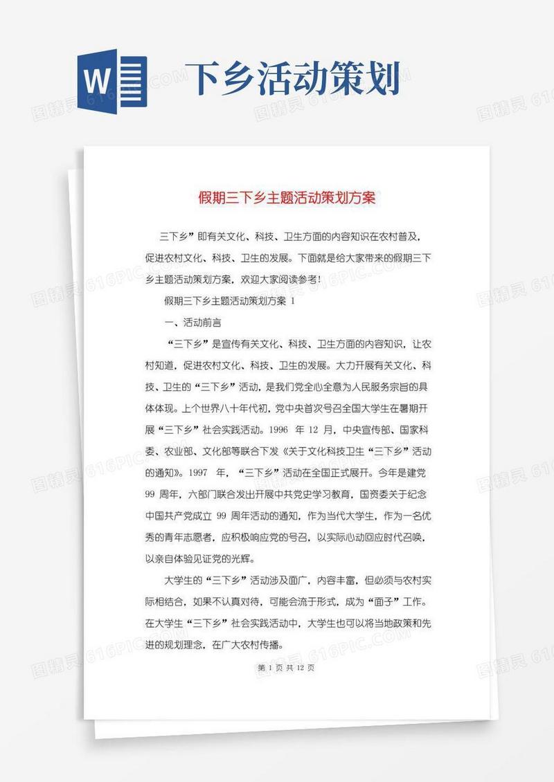 大气版假期三下乡主题活动策划方案